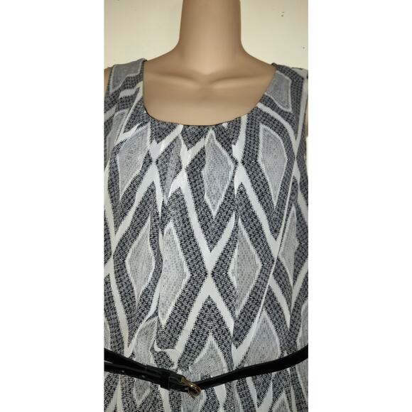 AB Studio Black & White Dress Womens Sz XL Belted Asymmetrical Bottom Chevron - Picture 3 of 16